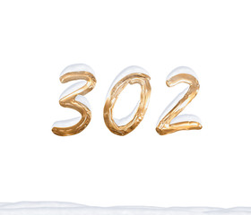 Gold Number 302 with Snow on white background