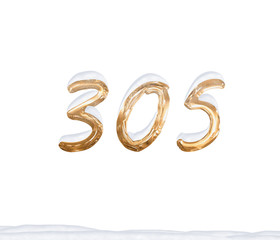 Gold Number 305 with Snow on white background
