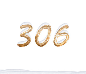 Gold Number 306 with Snow on white background