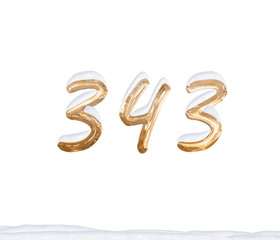 Gold Number 343 with Snow on white background