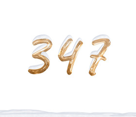 Gold Number 347 with Snow on white background