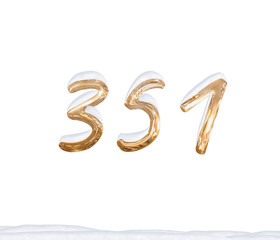 Gold Number 351 with Snow on white background