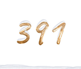 Gold Number 391 with Snow on white background