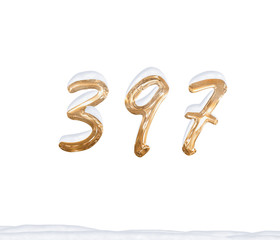 Gold Number 397 with Snow on white background