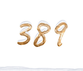 Gold Number 389 with Snow on white background