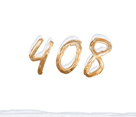 Gold Number 408 with Snow on white background