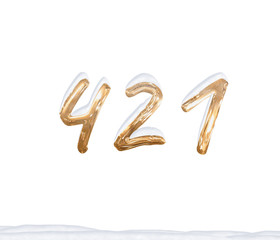 Gold Number 421 with Snow on white background