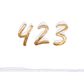 Gold Number 423 with Snow on white background