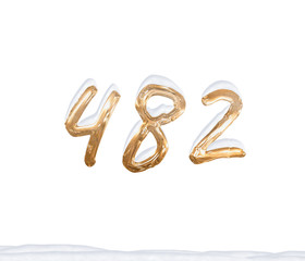 Gold Number 482 with Snow on white background