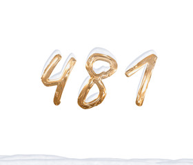 Gold Number 481 with Snow on white background