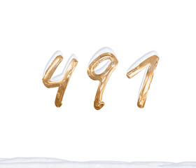 Gold Number 491 with Snow on white background