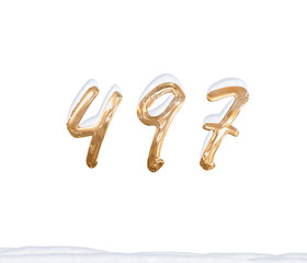 Gold Number 497 with Snow on white background