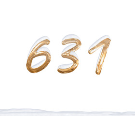 Gold Number 631 with Snow on white background
