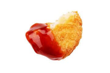 Naklejka na ściany i meble Fried chicken nuggets and sweet chili sauce on a white background