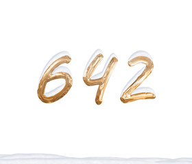 Gold Number 642 with Snow on white background