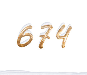 Gold Number 674 with Snow on white background