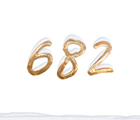 Gold Number 682 with Snow on white background