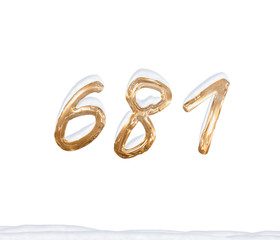 Gold Number 681 with Snow on white background