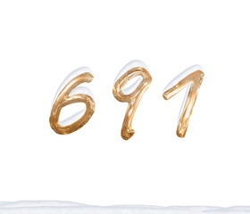 Gold Number 691 with Snow on white background