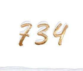 Gold Number 734 with Snow on white background