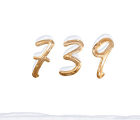 Gold Number 739 with Snow on white background
