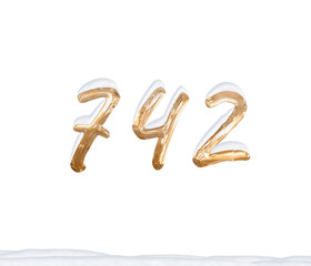 Gold Number 742 with Snow on white background