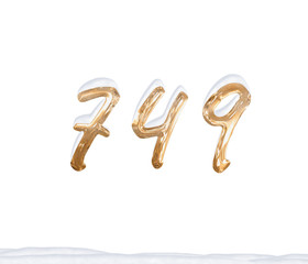 Gold Number 749 with Snow on white background