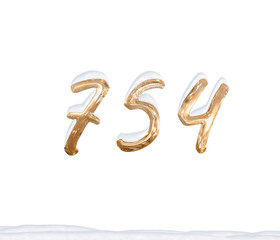 Gold Number 754 with Snow on white background