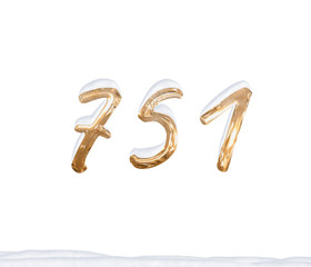 Gold Number 751 with Snow on white background