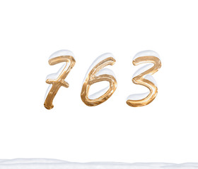 Gold Number 763 with Snow on white background