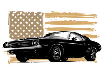  American muscle car with flag - obrazy, fototapety, plakaty
