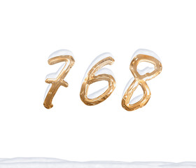 Gold Number 768 with Snow on white background