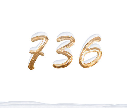 Gold Number 736 with Snow on white background