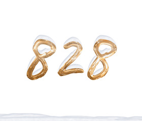 Gold Number 828 with Snow on white background