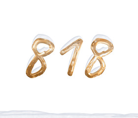 Gold Number 818 with Snow on white background