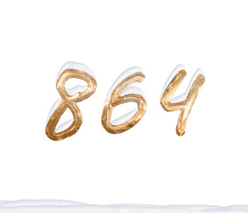 Gold Number 864 with Snow on white background