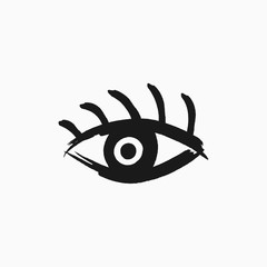 Naklejka premium Eye with eyelashes drawn by hand with rough brush. Grunge icon, symbol, logo. Sketch, watercolor, graffiti, paint.