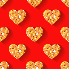 Gold hearts on a red background. Seamless pattern. Valentine's day. Vector illustration. Can be used for wallpaper, textile, invitation card, wrapping, web page background.