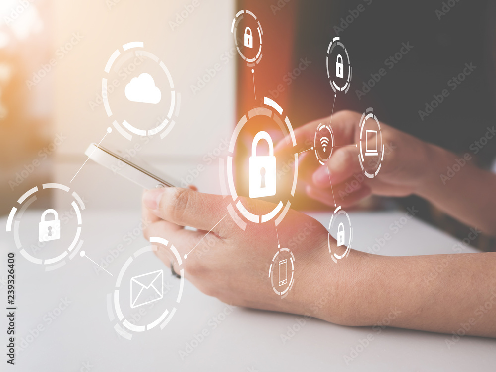 Poster woman using smartphone with icon graphic cyber security network of connected devices and personal da