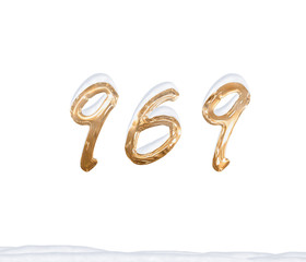 Gold Number 969 with Snow on white background