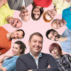 collage of different men and women showing positive emotions smiling and laughing on pink background. Emotional portrait and body language.