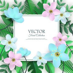 Vector spring collection poster with white frame blue pink white flowers with leaves pattern. Beautiful abstract blooming floral for romantic decoration wedding marriage or dating card vintage design