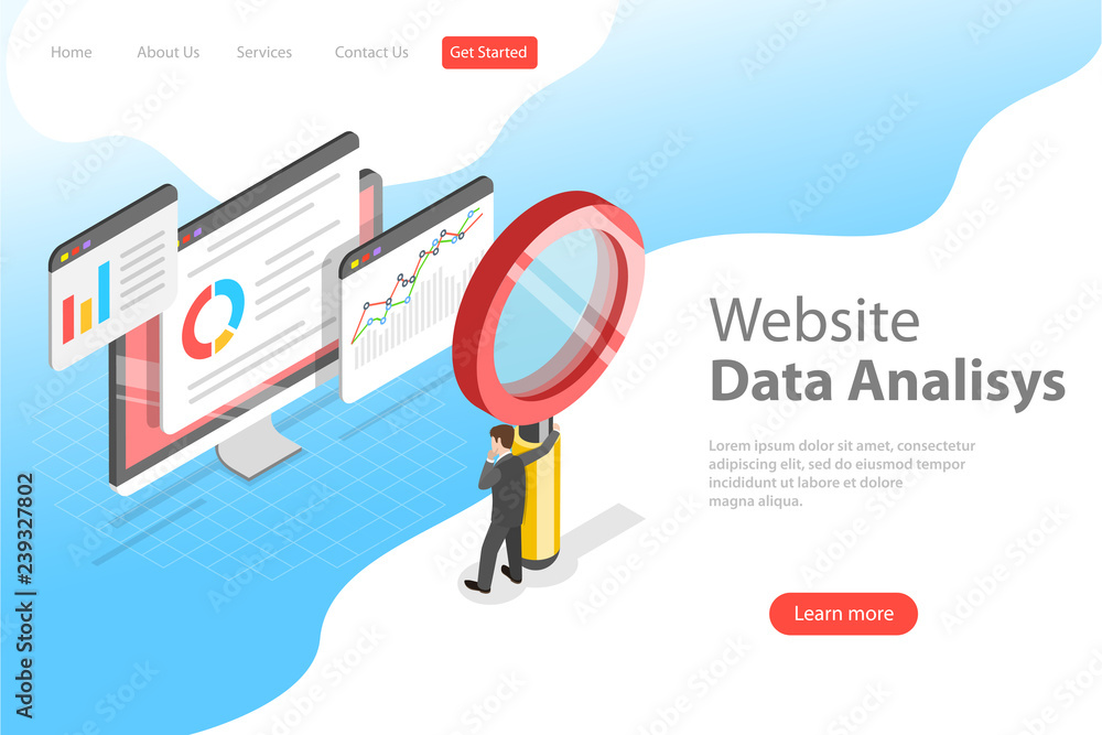 Aufkleber flat isometric vector landing page template of website data analysis, web analytics, seo audit repor