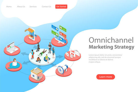 Isometric flat vector landing page template of omnichannel, several communication channels between seller and customer, digital marketing, online shopping.