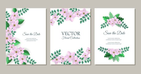 Vector save the date poster set with pink flowers with leaves pattern on white paper, elegant frame. Beautiful blooming florals for romantic decoration wedding marriage or dating card vintage design