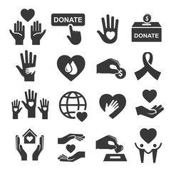 Charity donation and help symbol icon set