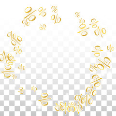 Luxury Vector Gold Percentage Sign Confetti on Transparent. Percent Sale Background. Business, Economics Print. Discount Illustration. Promotion Poster. Black Friday Banner. Special offer Template.