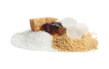 Different kinds of sugar on white background