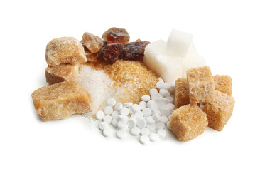Different kinds of sugar on white background