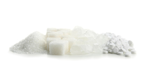 Fototapeta na wymiar Different kinds of sugar on white background